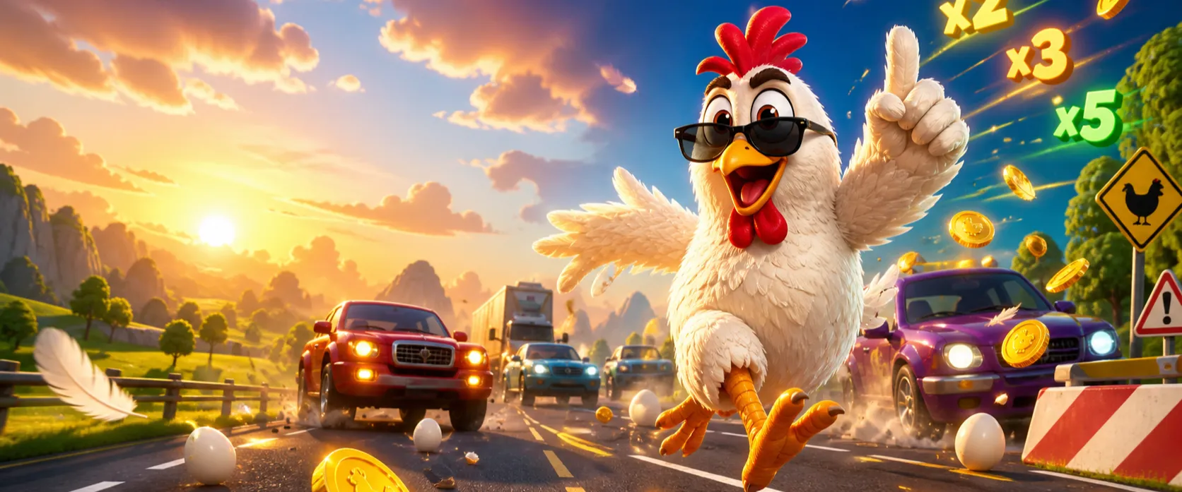 3D animated chicken character on dynamic road crossing with colorful arcade elements and traffic obstacles