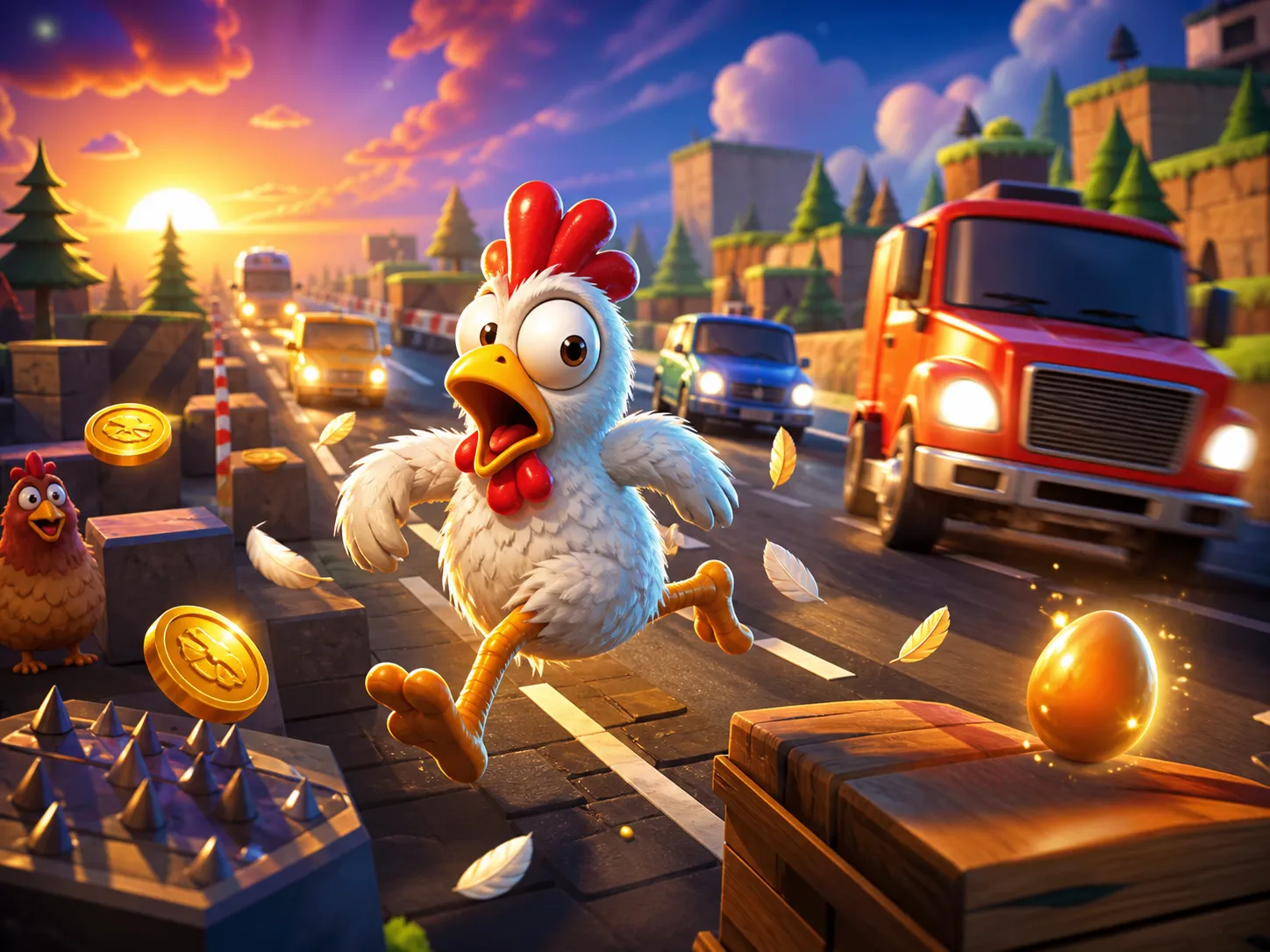 Cartoon chicken character crossing vibrant road in Chicken Road slot game illustration.