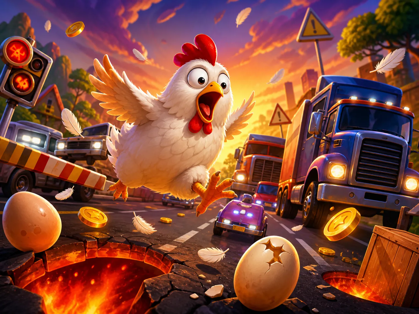 A comical chicken character dodging traffic on a road, feathers scattered around.