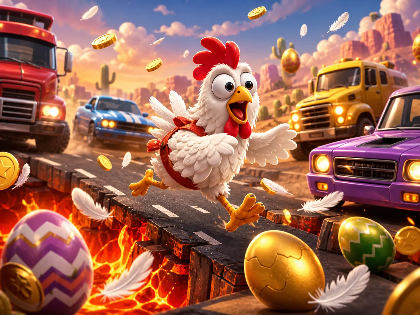 A comical chicken character dodging traffic on a colorful road, surrounded by eggs and feathers, capturing a playful gaming a